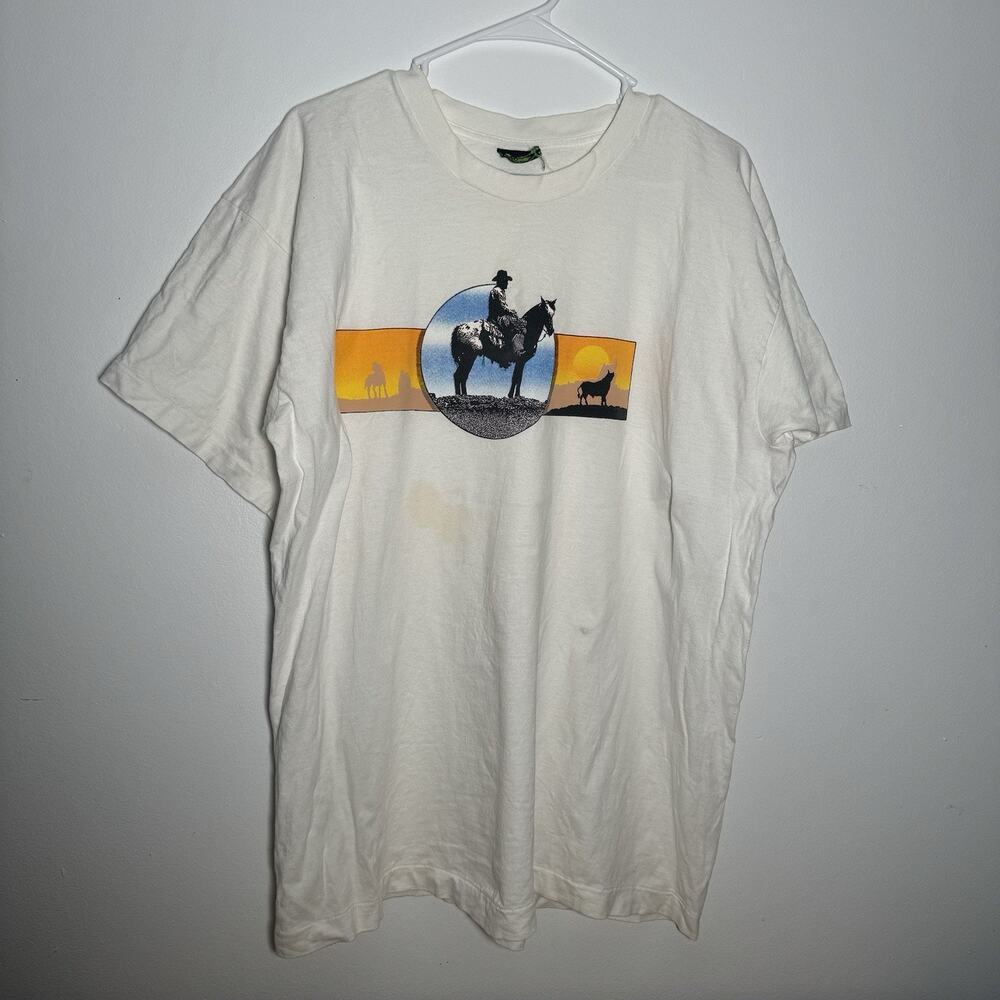 Vintage 90s Buffalo Cowboy Sunset T-Shirt Western Single Stitch White XL USA - Picture 2 of 9
